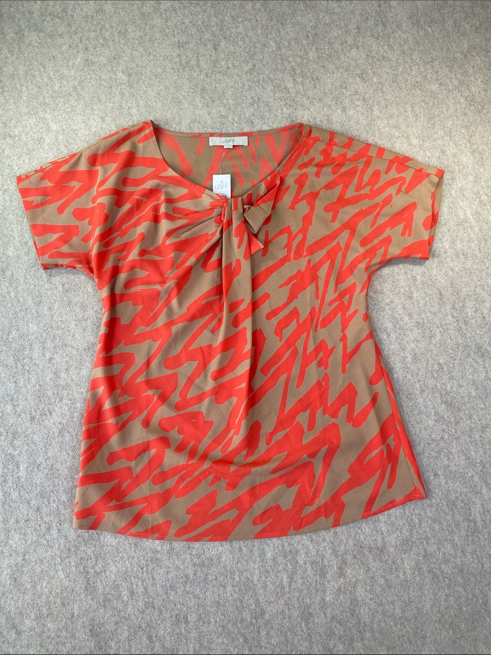 NWT LOFT Coral and Tan Short Sleeve Tie-Neck Blouse